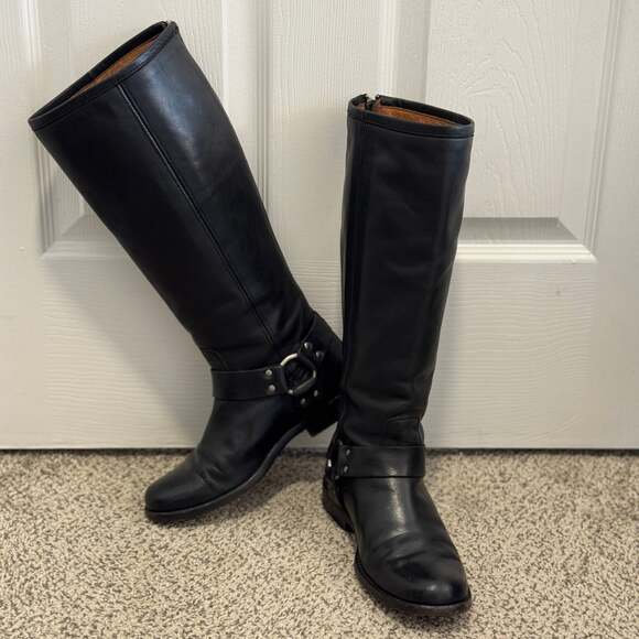 Frye Shoes - Frye Black Leather Harness Knee-High Moto Boots